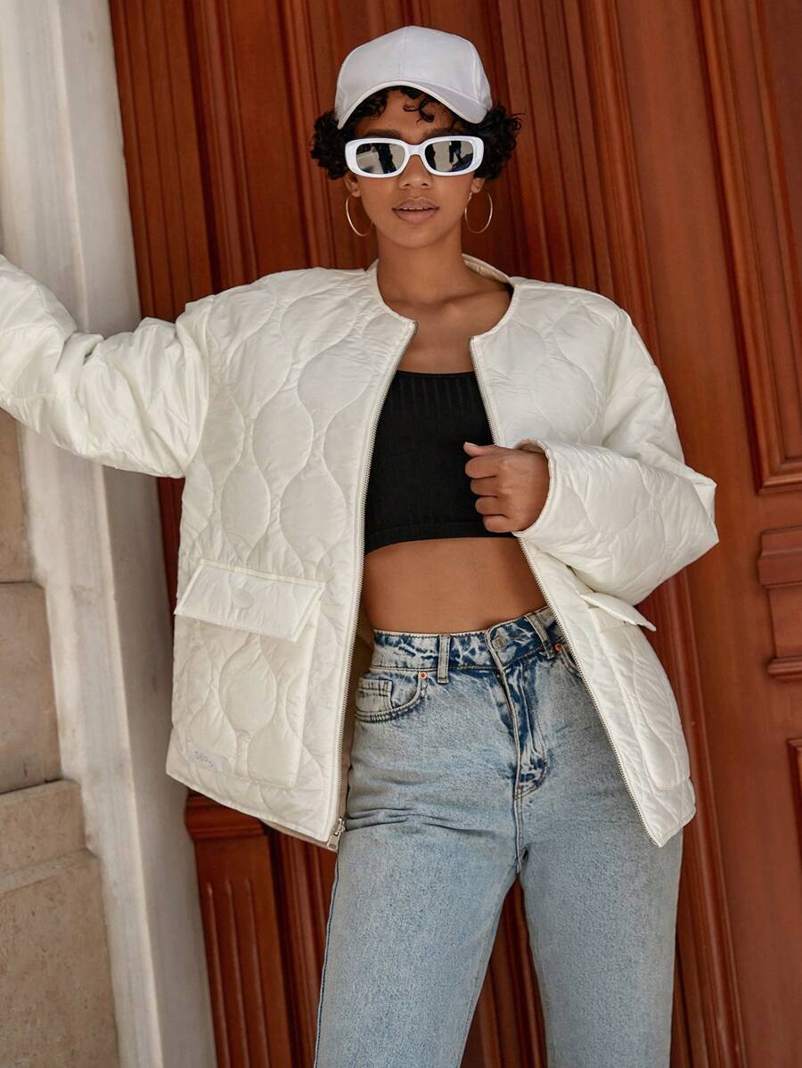 RueChic Flap Pocket Drop Shoulder Quilted Coat - White - View 1