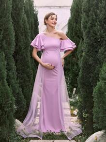 Maternity Asymmetrical Neck Ruffle Sleeve Formal Party Elegant Dress - Pink - View 1
