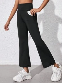 Tween 女童健身紧身裤，带口袋的瑜伽裤，弹力透气吸湿排汗舒适运动裤，适合训练、跑步和骑行 - 黑色 - 查看 1