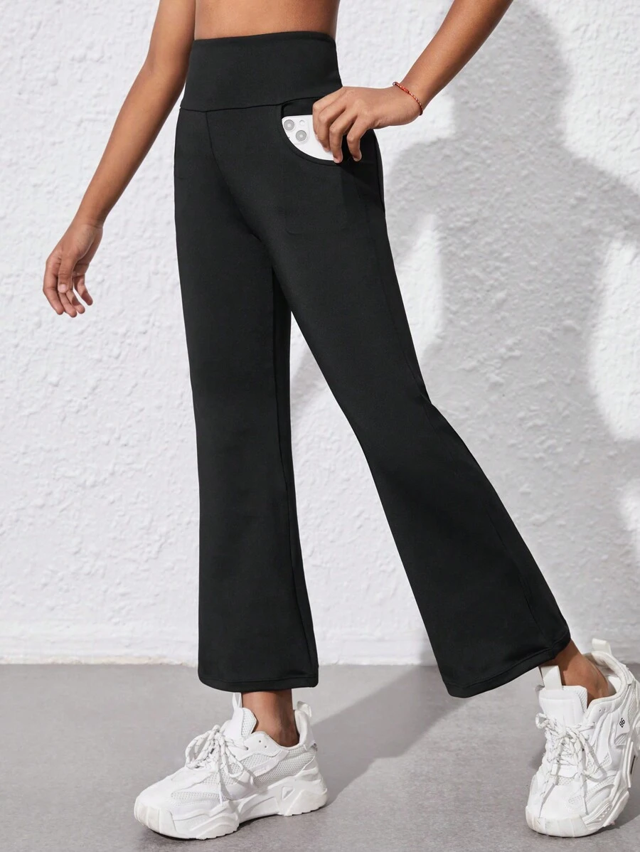 Tween 女童健身紧身裤，带口袋的瑜伽裤，弹力透气吸湿排汗舒适运动裤，适合训练、跑步和骑行 - 黑色 - 查看 1