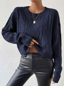 SHEIN Essnce 女士純色下垂肩毛衣 - 藏蓝色 - 查看 3