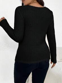 SHEIN Frenchy Plus Size Women's Pleated Textured Striped Slim Fit Pleated Inner Long Sleeve Velvet T-Shirt - Black - View 2