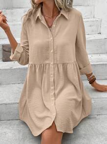 SHEIN Frenchy Women's Solid Color Ruffle Sleeve Shirt Dress - Khaki - View 5