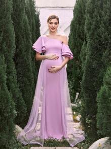 Maternity Asymmetrical Neck Ruffle Sleeve Formal Party Elegant Dress - Pink - View 5
