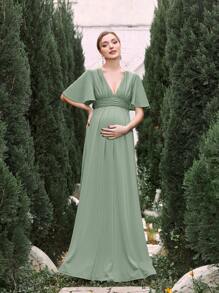 Maternity Deep V-Neck Butterfly Sleeve Formal Party Elegant Dress - Green - View 6