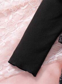 SHEIN Vestido Recortado Con Volantes Y Bloques De Color Para Niñas Pequeñas Con Detalle De Nudo De Lazo, Adecuado Para Fiestas De Festivales De Otoño - Negro - Ver 6