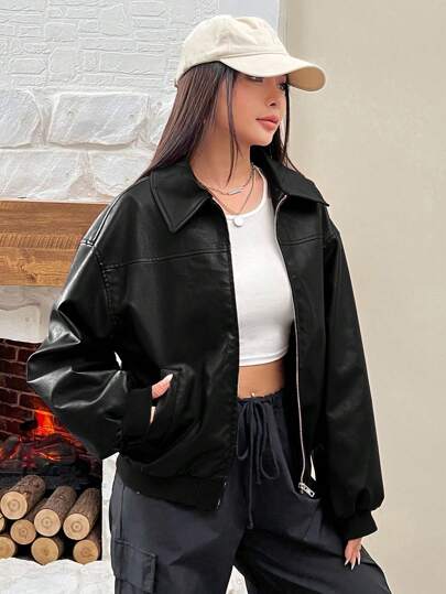 Muchica Chaqueta de cuero sintético rojo con cremallera, manga larga y hombros caídos, chaqueta corta negra para mujer en otoño/invierno