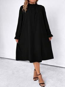 SHEIN LUNE Plus Size Women's Stand Collar Ruffle Sleeve Straight Dress - Black - View 5