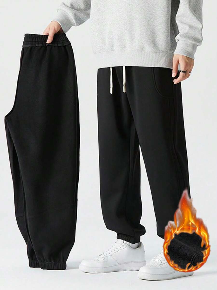 男式保暖内衬冬季保暖抽绳慢跑裤 - 黑色 - 查看 1