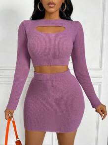 Zolique Conjunto De Falda Y Suéter De Manga Larga Ahuecado Para Mujer - Rojo violeta - Ver 3