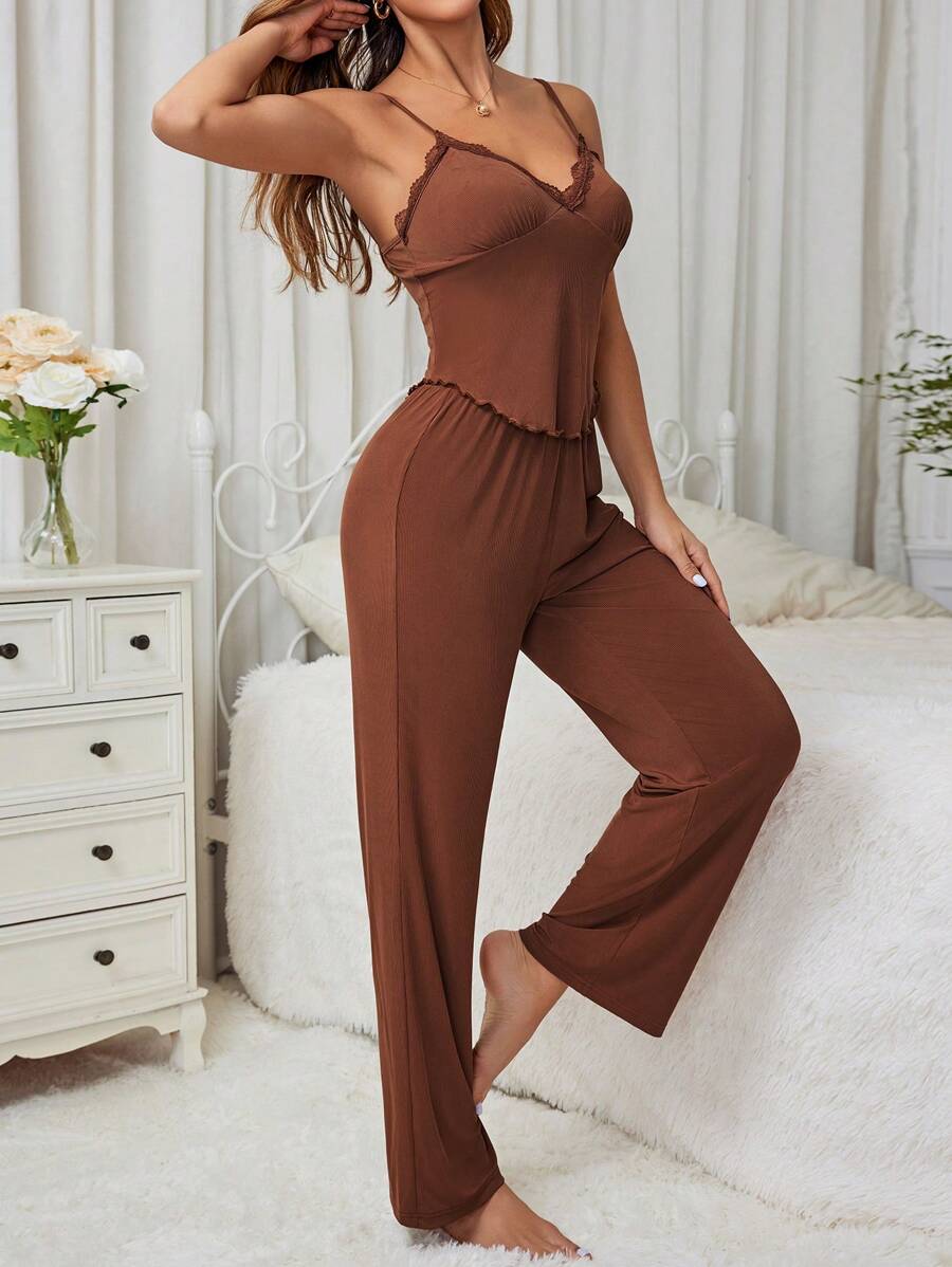 女士生菜色装饰吊带背心和长裤家居服套装 - 巧克力棕 - 查看 1