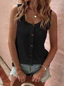 SHEIN LUNE Button Front Tank Top - Black - View 3