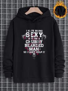 Nam Kích thước lớn Lông cừu Hoodie Với Slogan Và In Đầu lâu , Dây rút Buộc - màu đen - Xem 4