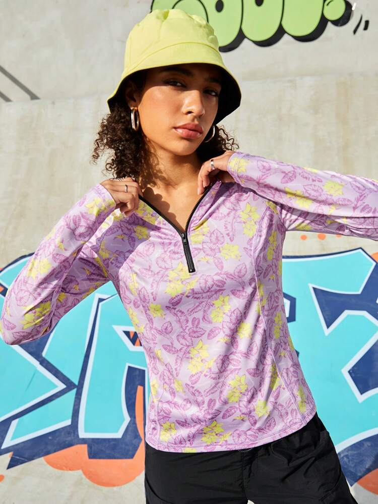 Ladies Floral Printed Zip-up Sports Jacket