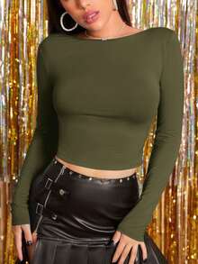 SHEIN BAE Dệt kim Mở Lưng Tay áo dài Áo thun - xanh quân đội - Xem 4