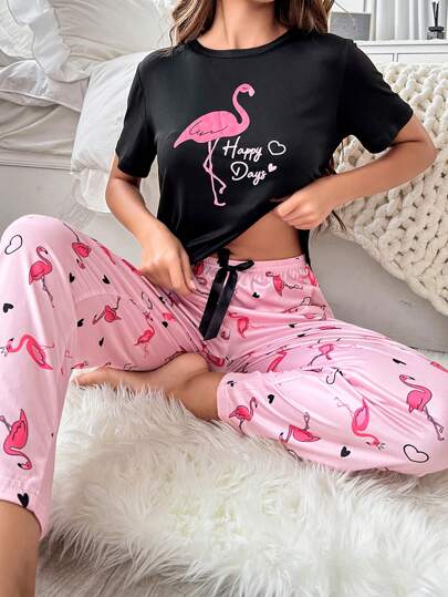 Conjunto De Pijama Con Pantalones Sueltos Y Top De Manga Corta Con Estampado De Flamencos De Dibujos Animados
