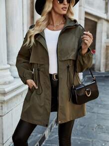 SHEIN Essnce 束腰帽露中長款風衣 - 軍綠色 - 查看 1