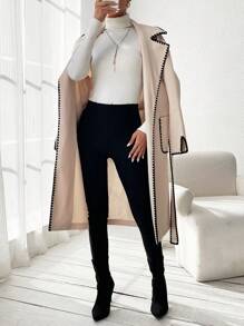 SHEIN LUNE Áo khoác dệt kim viền phối màu có túi đôi, áo khoác nữ cuối thu, viền tương phản, túi, cổ áo choàng thả vai có khóa kéo, màu mơ, áo khoác ngoài nữ phối màu, giữ ấm mùa đông/ thời trang mùa đông - Màu be - Xem 5