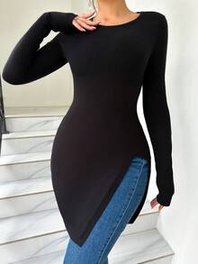 SHEIN LUNE Của phụ nữ Màu thuần Viền chia cắt Thon gọn Áo len - màu đen - Xem 4