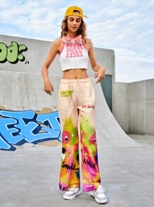 Gameset SHEIN Sport 卡通图案运动裤 喇叭裤 狂欢裤 长裤 Y2kflare 裤 女童喇叭裤 运动裤 图案裤 - 彩色 - 查看 9