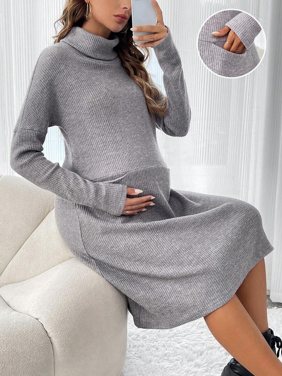 SHEIN Maternity Turtleneck Hidden Pocket Dress - Grey - View 1