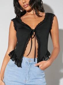 SHEIN BAE 黑色蕾丝边蝴蝶结吊带背心，性感派对和休闲装，夏季复古风格 - 黑色 - 查看 4