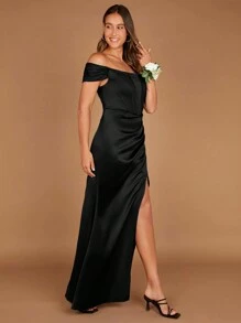 SHEIN Belle 女士露肩高开叉伴娘礼服，成人款，黑色优雅正式晚会舞会婚礼宾客礼服，适合毕业典礼、晚宴派对礼服 - 黑色 - 查看 4