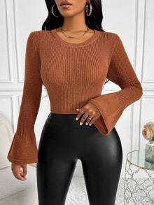 SHEIN SXY 女士純色波浪袖毛衣 - 鏽棕色 - 查看 4