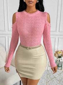 VaVaBold 修身針織毛衣,珠飾點綴與露肩設計 - 粉色 - 查看 6