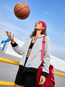 SHEIN Street Sport 拼接連帽運動夾克,帶有網布條紋 - 灰色 - 查看 7