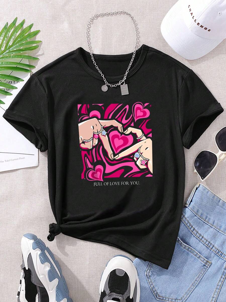 SHEIN Tween Girl Slogan And Heart Pattern Printed T-Shirt Style Hit  Summer Tops Thanksgiving Outfits For Girls - Black - View 1