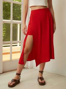 女士素色高開叉裙 - 紅色 - 查看 1
