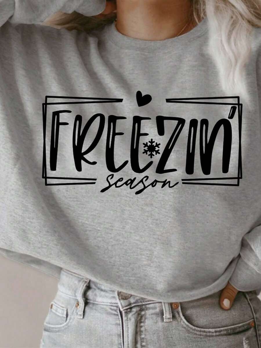 SHEIN EZwear 女士字母印花圓領運動衫 - 灰色 - 查看 1