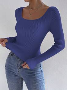 SHEIN Privé Của phụ nữ Màu thuần Áo len Với Lớn Tròn Đường viền cổ áo - Màu xanh bụi bặm - Xem 4