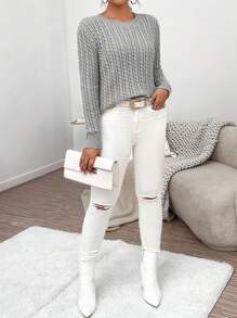 SHEIN Essnce Của phụ nữ Màu thuần Xoắn Áo len dệt kim - Xám - Xem 5