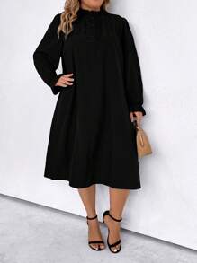 SHEIN LUNE Plus Size Women's Stand Collar Ruffle Sleeve Straight Dress - Black - View 3