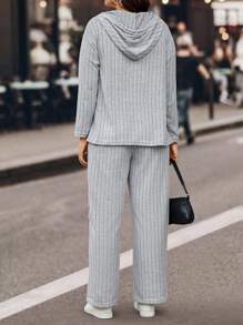 SHEIN LUNE 女士加大碼純色條紋束口t恤和褲子兩件套裝 - 灰色 - 查看 3