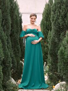 Maternity Off Shoulder Ruffle Formal Party Elegant Dress - Green - View 5