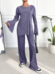 SHEIN 女士紫色圓領寬鬆貼身鈴鐺袖上衣和休閒長褲2入組 - 紫色 - 查看 4