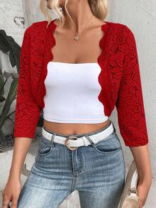 SHEIN LUNE Cắt vỏ sò Mở Mặt trước Mùa vụ Ren Áo khoác - Màu Đỏ Sâu - Xem 6