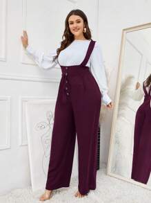 Calvaya Plus Button Front Wide Leg Belted Pinafore Jumpsuit Without Top - Burgundy - View 3