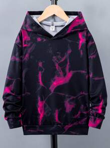 SHEIN Tween 男孩街頭風格紮染連帽運動衫 - 紅色 - 查看 1