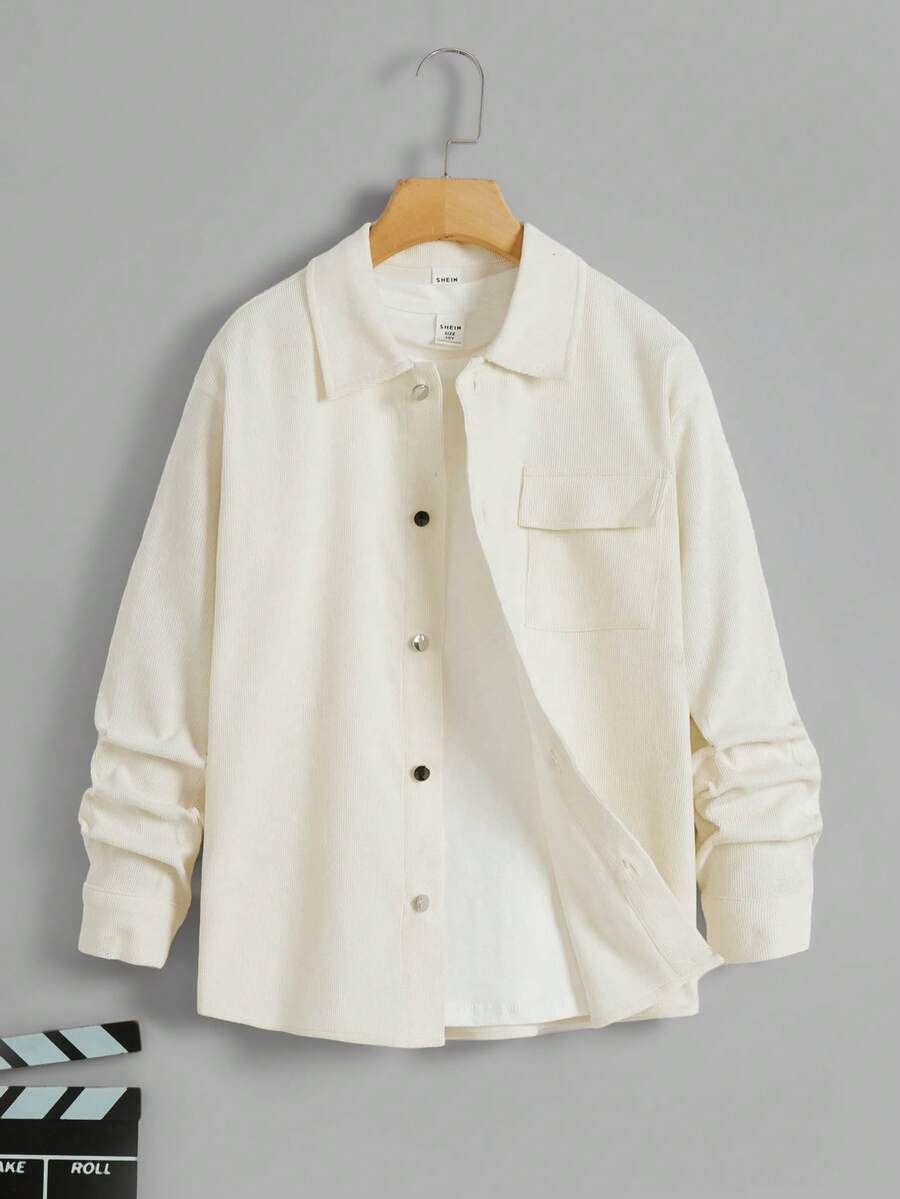 SHEIN 男童寬鬆休閒梭織領長袖純色襯衫 - 杏色 - 查看 1