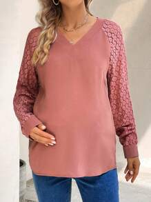 SHEIN Maternity Patchwork Lace Raglan Sleeve Blouse - Pink - View 4