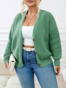 SHEIN Frenchy Áo khoác cardigan trễ vai cỡ lớn cho nữ - màu xanh lá - Xem 1