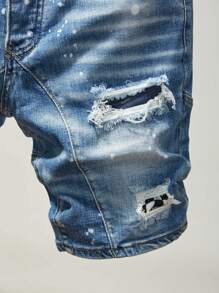 Manfinity Homme Men's Distressed Denim Shorts Jorts Plain Light Blue Vacation Basic Friends - Light Wash - View 5