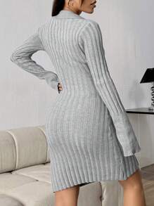 Flirla Women's Solid Color Button Front Ribbed Knit Sweater Dress - Grey - View 2