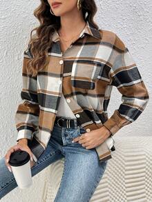 SHEIN Essnce 落肩格子襯衫 - 彩色 - 查看 4