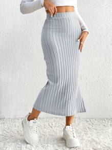 SHEIN Essnce 女士實色側開叉肋編針織裙 - 灰色 - 查看 1