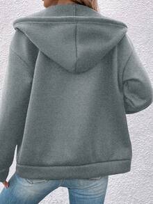 SHEIN LUNE 袋鼠口袋拉鍊開合抽繩連帽夾克 - 深灰色 - 查看 2